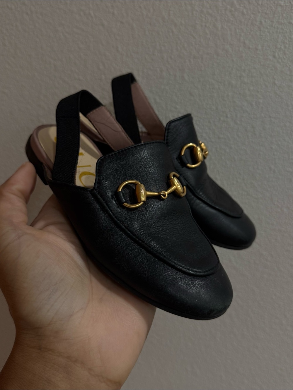 Gucci Black Leather Kids Horsebit Backless Loafers with Gold Hardware